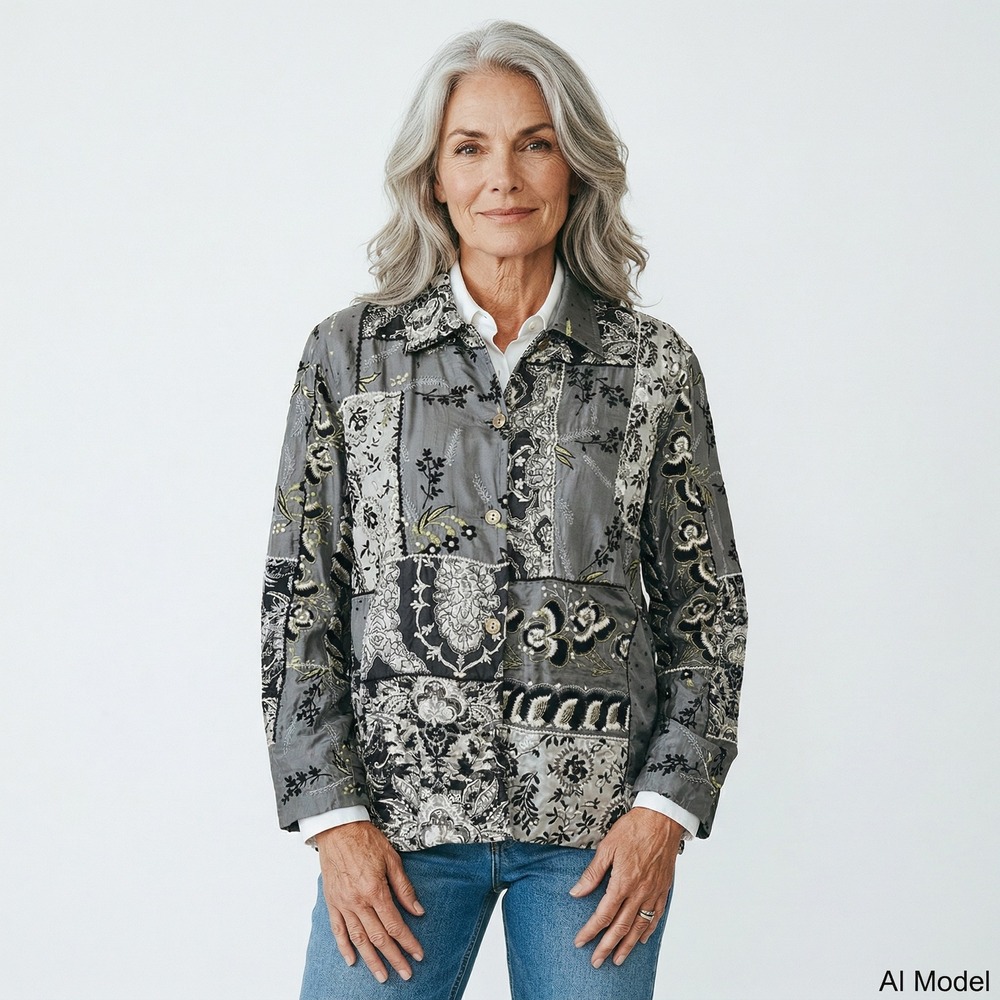IoS by TravelSmith L Lagenlook Patchwork Woven Silk Art to Wear Button Up Jacket